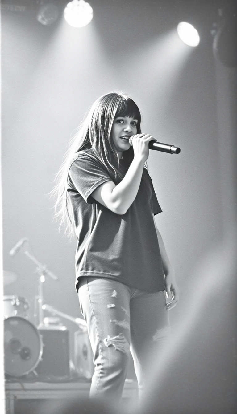 A grainy, vintage-style photo of Billie Eilish